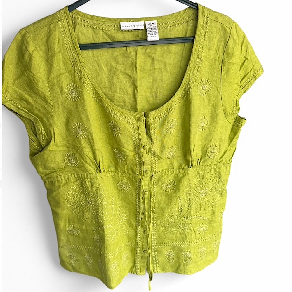 Sarah Spencer Green Embroidered Women’s Top Button Down Linen Blouse Size XL